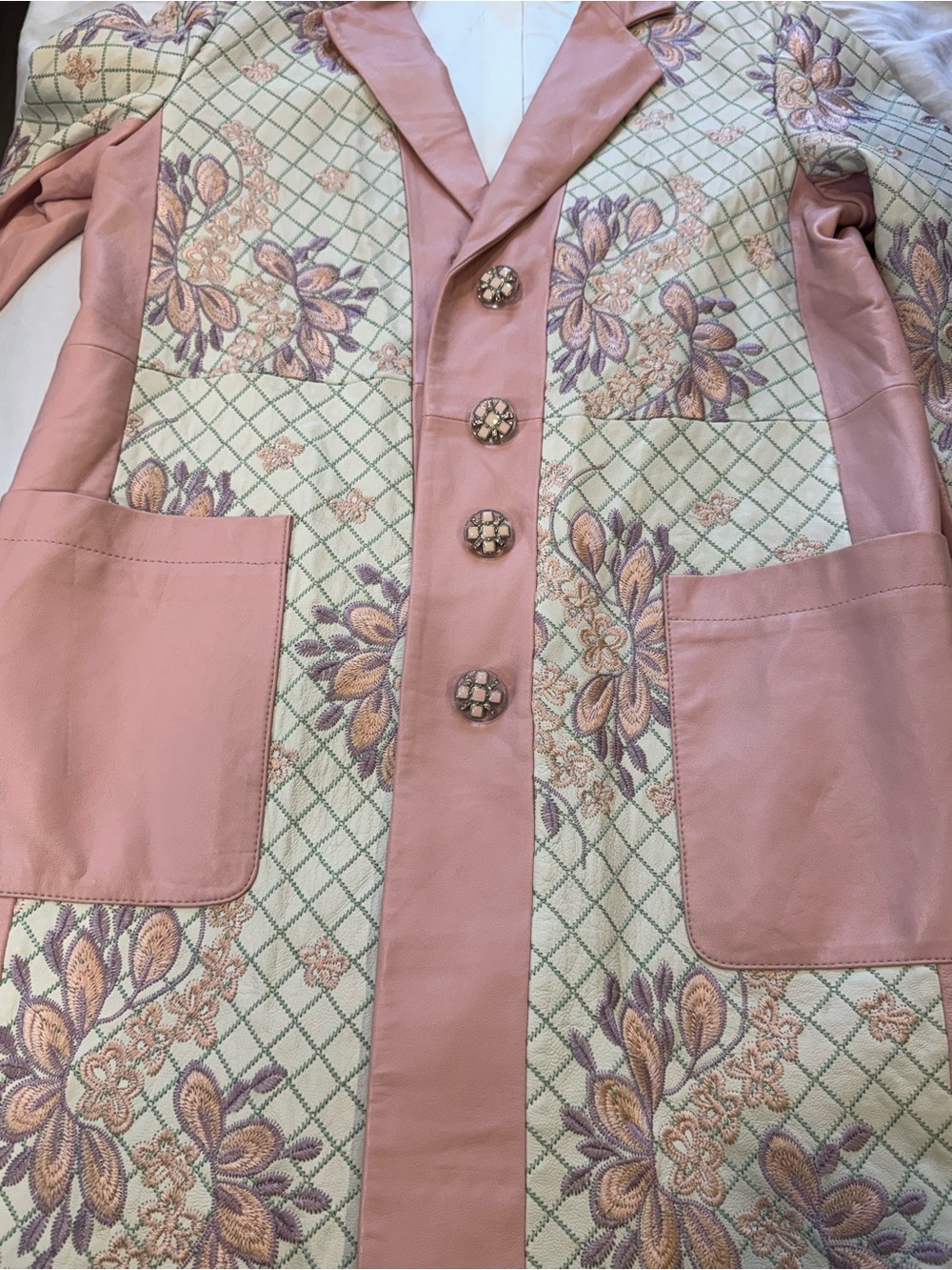 Vintage Pastel Pink Embroidered Lamb Leather & Silk Coat – Coquette Princesscore - Picture 4 of 10
